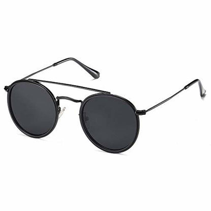 Picture of SOJOS Small Retro Round Polarized Sunglasses UV400 Double Bridge Sunnies SUNSET SJ1104 with Black Frame/Matte Black Rim/Grey Lens