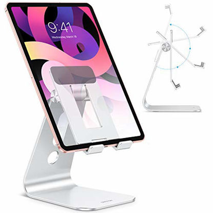 Picture of Adjustable Tablet Stand for Desk, Upgraded Longer Arms for Greater Stability, OMOTON T2 iPad Stand Holder with Hollow Design for Bigger Sized Phones and Tablets Such as iPad Pro/Air/Mini, Silver