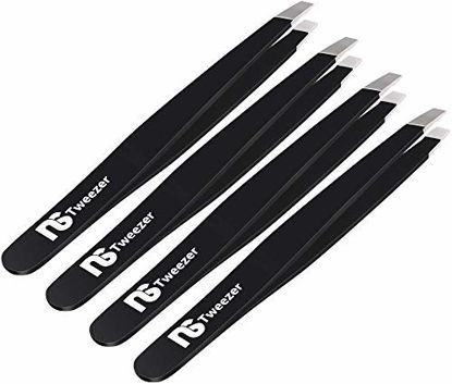 Picture of Slant Tweezers (4-Pack) - Professional Slant-Tip Tweezers in Separate Sleeves for Eyebrows and Facial Hair - Stainless Steel Brow Shaping Hair Plucker for Expert Precision Personal Care