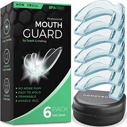 Picture of HONEYBULL Mouth Guard for Grinding Teeth [6 Pack] 1 Size for Light Grinding | Comfortable Custom Mold for Clenching at Night, Bruxism, Whitening Tray & Sports Guard