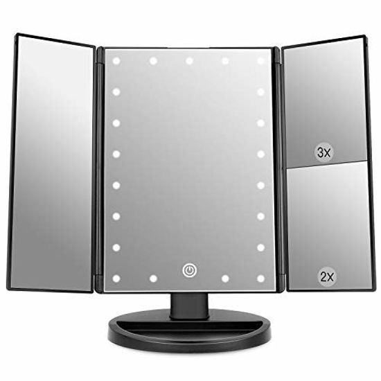 Picture of WEILY Lighted Makeup Mirror with 21 LED Lights, Trifold Vanity Mirror with 3X/2X/1X Magnification, Touch Screen, Dual Power Supply, 180 Degree Rotation Portable Mirrors for Travel (Black)