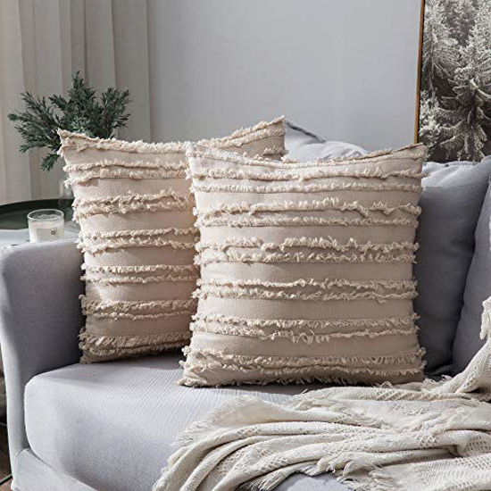 Picture of MIULEE Set of 2 Decorative Boho Throw Pillow Covers Cotton Linen Striped Jacquard Pattern Cushion Covers for Sofa Couch Living Room Bedroom 18x18 Inch Beige