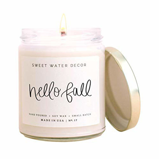 Picture of Sweet Water Decor Hello Fall Candle | Cinnamon, Apples, and Clove Autumn Scented Soy Wax Candle for Home | 9oz Clear Glass Jar, 40 Hour Burn Time, Made in the USA