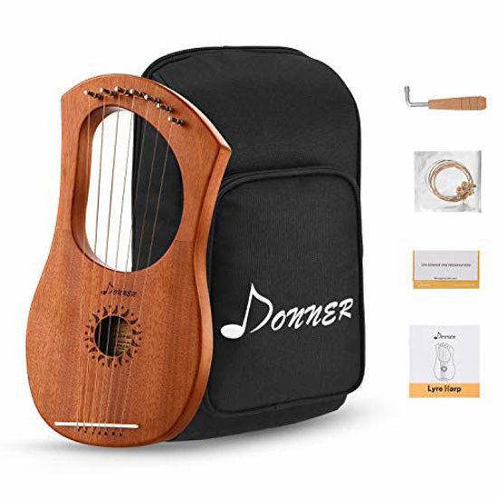 Picture of Donner DLH-001 Lyre Harp Mahogany, 7 Metal String Bone saddle Ancient Greece Style Lyre Harp with Tuning Wrench and Black Gig Bag