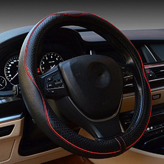 Picture of Valleycomfy Universal 15 inch Auto Car Steering Wheel Cover with Black Genuine Leather add Red Lines for X1 X3 X5 335i 535i HRV CRV Accord Corolla Prius,etc