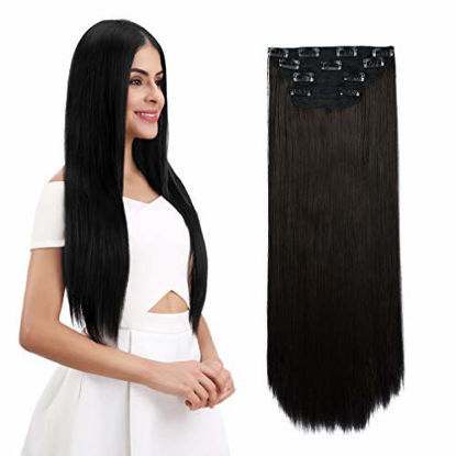 Picture of REECHO 24" Straight Long 4 PCS Set Thick Clip in on Hair Extensions Black Brown