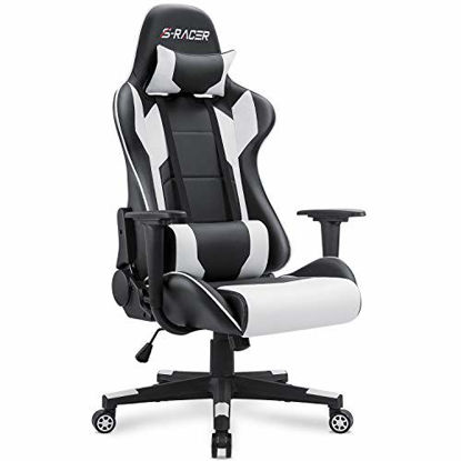 Picture of Homall Gaming Chair Office Chair High Back Computer Chair Leather Desk Chair Racing Executive Ergonomic Adjustable Swivel Task Chair with Headrest and Lumbar Support (White)