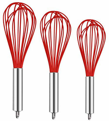 Picture of TEEVEA (Upgraded) 3 Pack Very Sturdy Kitchen Whisk Silicone Balloon Wire Whisk Set Egg Beater Milk Frother Kitchen Utensils Gadgets for Blending Whisking Beating Stirring Red