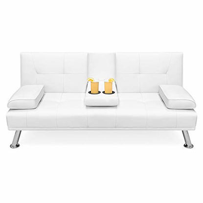 Picture of Best Choice Products Faux Leather Upholstered Modern Convertible Folding Futon Sofa Bed for Compact Living Space, Apartment, Dorm, Bonus Room w/Removable Armrests, Metal Legs, 2 Cupholders - White