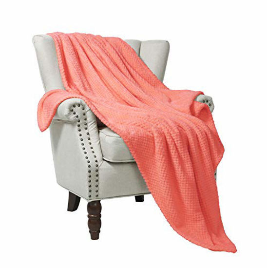 Picture of Exclusivo Mezcla Waffle Flannel Fleece Large Throw Blanket( 50" x 70", Coral Orange)- Soft, Lightweight, Plush and Warm