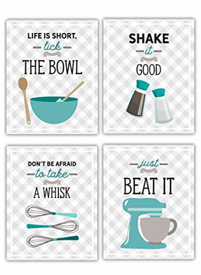 Picture of Teal Blue Retro Vintage Kitchen Wall Art Prints - Set of 4-8x10 UNFRAMED Gray, Teal & White Kitchen Utensil Digital Prints Perfect for Rustic, Modern Farmhouse, Mid-Century,Country Decor.