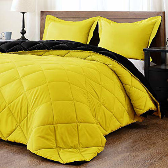 Picture of downluxe Lightweight Solid Comforter Set (Twin) with 1 Pillow Sham - 2-Piece Set - Lemon and Black - Down Alternative Reversible Comforter