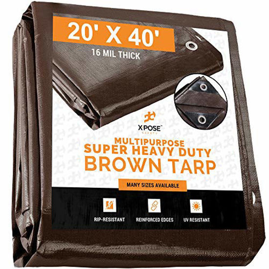 Picture of 20' x 40' Super Heavy Duty 16 Mil Brown Poly Tarp Cover - Thick Waterproof, UV Resistant, Rot, Rip and Tear Proof Tarpaulin with Grommets and Reinforced Edges - by Xpose Safety