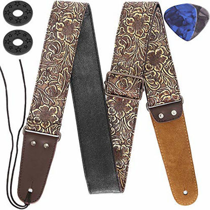 Picture of Guitar Strap, Stamped Leather Guitar Strap PU Leather Western Vintage 60's Retro Guitar Strap with Genuine Leather Ends for Electric Bass Guitar, with Tie,Include 2 Picks,Bronze