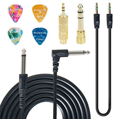 Picture of SUNYIN Electric Guitar Cable,Guitar Amp Cord 10-Feet Electric Instrument Cable Straight to Right Angle for Musical Instruments to Amp,Gold Plated 3.5mm&6.5mm Stereo Adapter,Audio Cable(Black),4 Picks