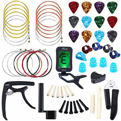 Picture of Auihiay 58 PCS Guitar Accessories Kit Including Guitar Strings, Picks, Capo, Thumb Finger Picks, String Winder, Bridge Pins, Pin Puller, Pick Holder, Finger Protect