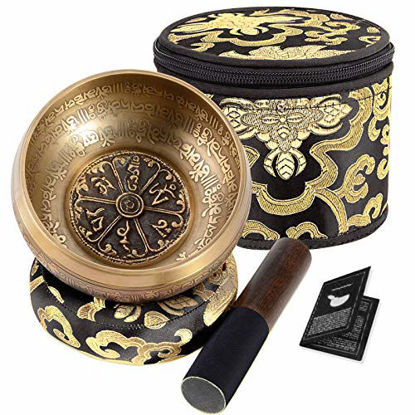 Picture of SHANSHUI 5'' Tibetan Singing Bowl Set, Nepal Antique Bronze Mantra Carving Hand Hammered, Sound For Yoga Chakras Healing Meditation Zen With Leather Striker Surface Mallet and Silk Cushion Gift -Black