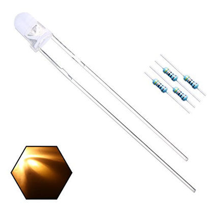 Picture of EDGELEC 100pcs 3mm Warm White Lights LED Diodes Clear Round Lens 29mm Long Lead (DC 3V) +100pcs Resistors (for DC 6-12V) Included, Bright Bulb Lamps Light Emitting Diode