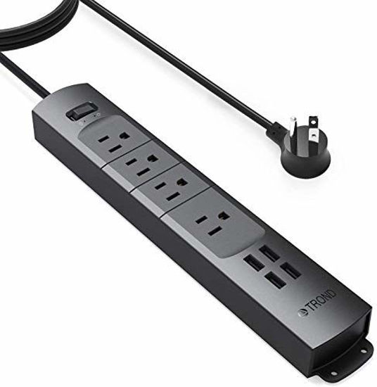 Picture of TROND Power Strip Surge Protector Flat Plug, 4 AC Outlets & 4 USB Ports, 6ft Long Extension Cord, Wall Mount for Workbench, Nightstand, Dresser, Home, Office, Desk, Black