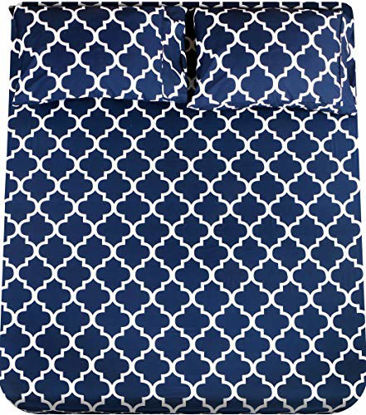 Picture of Utopia Bedding Printed Bed Sheet Set - 1 Fitted Sheet, 1 Flat Sheet and 2 Pillowcases - Soft Brushed Microfiber Fabric - Shrinkage and Fade Resistant (Queen, Navy Quatrefoil with White Pattern)