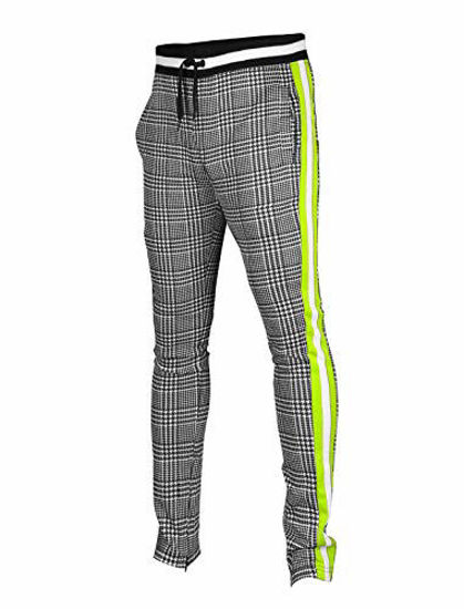 Picture of SCREENSHOTBRAND-P11957 Mens Hip Hop Premium Slim Fit Track Pants - Athletic Jogger Checker Pattern Color Block Print Bottoms-Black/Neon-Medium