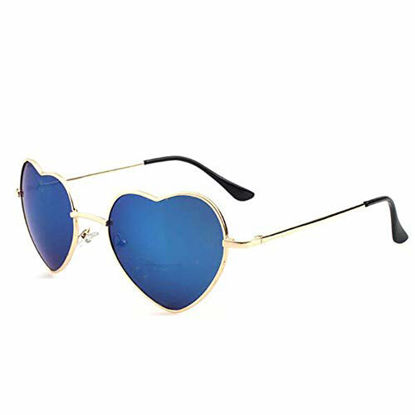 Picture of Meyison Heart Shaped Sunglasses Thin Metal Frame Cute Aviator Style Eyewear(Gold frame/mirror blue lens)