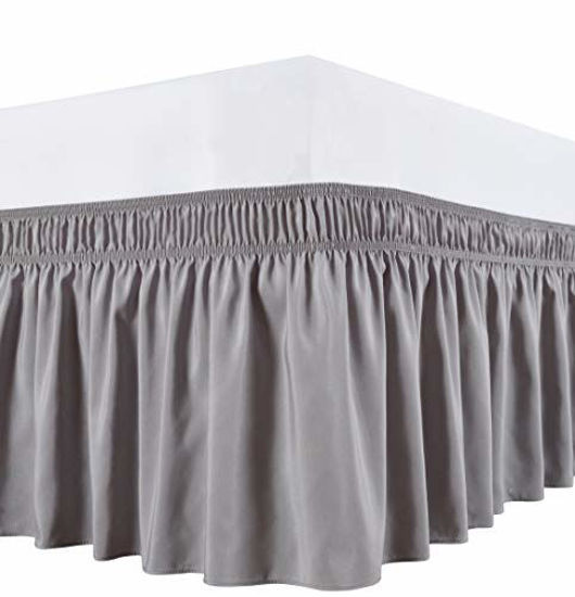 Picture of Biscaynebay Wrap Around Bed Skirts Elastic Dust Ruffles, Easy Fit Wrinkle and Fade Resistant Silky Luxrious Fabric Solid Color, Silver Grey for Full and Full XL Size Beds 18 Inches Drop