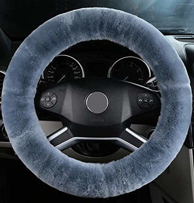 Picture of ANDALUS Car Steering Wheel Cover, Fluffy Pure Australia Sheepskin Wool, Universal 15 inch (Blue Gray)