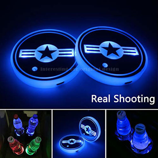 Picture of 2pcs Powerful US Air Force Emblem Logo LED Car Cup Holder Lights, 7 Colors Changing USB Charging Mat Luminescent Cup Pad, Air Force Logo LED Interior Atmosphere Lamp