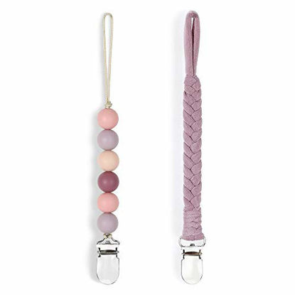Picture of Pacifier Clips BPA Free Silicone Beaded Binky Holder and Cotton Rope/Natural Holder for Boy and Girl Teething Holder Infant Baby Shower Gift (2 PackPurple