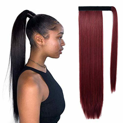 Picture of SEIKEA Clip in Ponytail Extension Wrap Around Straight Hair for Women (28, Wine Red)