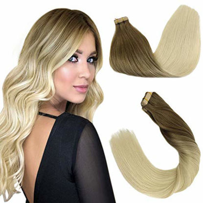 Picture of GOO GOO Tape in Hair Extensions Human Hair 14 Inch Ombre Ash Brown to Platinum Blonde Remy Human Hair Extensions Tape in Natural Hair Extensions 50g 20pcs Hair Extensions for Women Straight