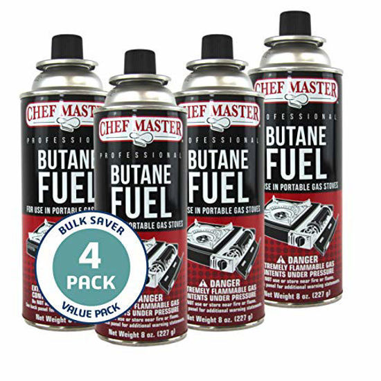 Picture of Chef Master 90340 | Pack of 4 Butane Fuel Cylinders| 8oz Butane Canisters for Portable Stove | Butane Torch Replacement Canisters