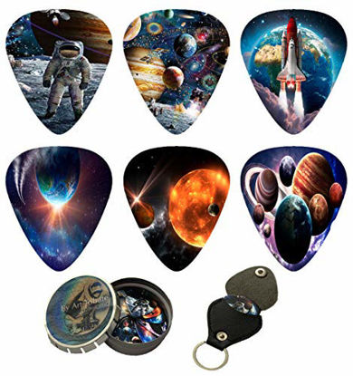 Picture of Space Guitar Picks 12 Pack W/Tin Box & Picks Holder. Celluloid Medium Cool Picks an Awesome Gift for Men & Women Guitarists For Acoustic Electric and Bass Guitars