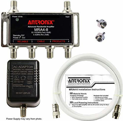 Picture of 4-Port Cable TV/Antenna/HDTV/Internet Digital Signal Amplifier/Booster/Splitter with Passive Return, Coax Cable, F59 Terminators (Antronix MRA4-8)