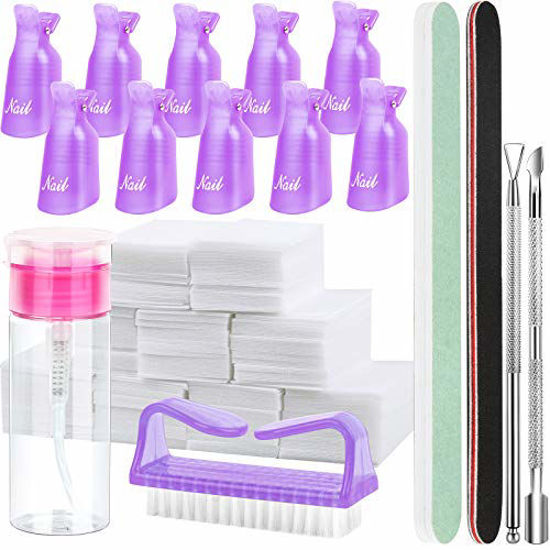 Picture of FANDAMEI Nail Polish Gel Remover Tools Kit, 10 Pcs Purple Nail Clips, 100ml Nail Polish Remover Bottle, 500 Pcs Remover Cotton Pad, Nail Brush, Cuticle Pusher, Cuticle Peeler, Nail File, Buffer Block