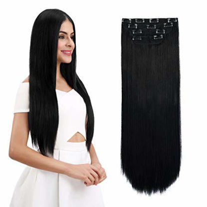Picture of REECHO Multi-Length 12" 14" 16" Long Straight 4 PCS Set Thick Clip in on Hair Extensions Natural Black