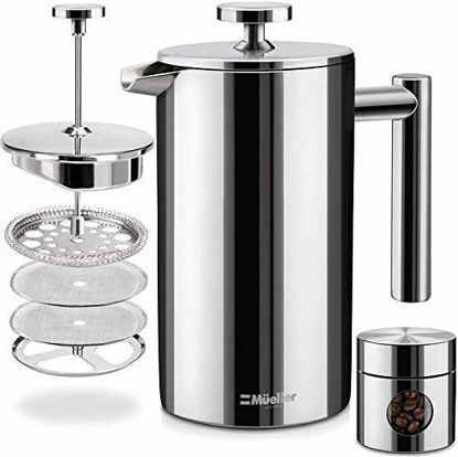Picture of Mueller French Press Double Insulated 310 Stainless Steel Coffee Maker 4 Level Filtration System, No Coffee Grounds, Rust-Free, Dishwasher Safe