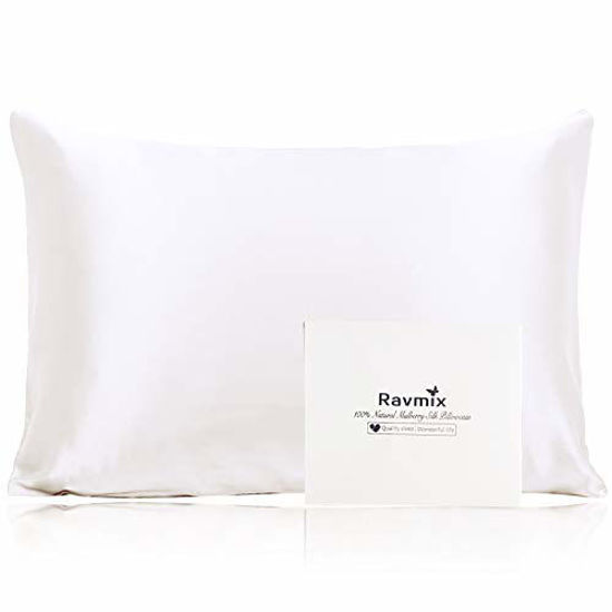 Picture of Ravmix Silk Pillowcase for Hair and Skin Standard Size with Hidden Zipper, Both Sides 21 Momme 600TC Hypoallergenic 100% Mulberry Silk Pillow Case, 20×26inches, 1PCS, Ivory White