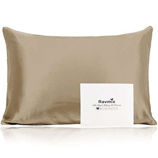 Picture of Ravmix Mulberry Silk Pillowcase Queen Size 21 Momme 600 Thread Count Hypoallergenic Pillow Cover Case with Hidden Zipper Both Sides, Taupe