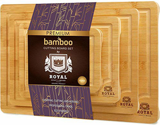 Picture of Natural Bamboo Cutting Board with Juice Groove - Kitchen Chopping Board for Meat (Butcher Block) Cheese and Vegetables | Serving Tray w/Handles (4-Piece)