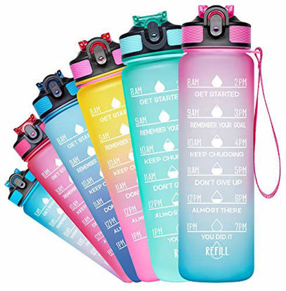 Picture of Venture Pal 32oz Motivational Fitness Sports Water Bottle with Time Marker & Straw, Large Wide Mouth Leakproof Durable BPA Free Non-Toxic-Ombre Fuschia Green