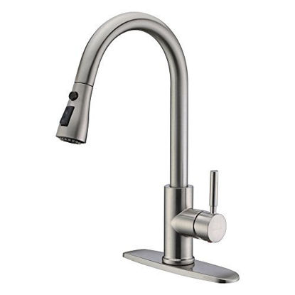 Picture of WEWE Single Handle High Arc Brushed Nickel Pull Out Kitchen Faucet,Single Level Stainless Steel Kitchen Sink Faucets with Pull Down Sprayer