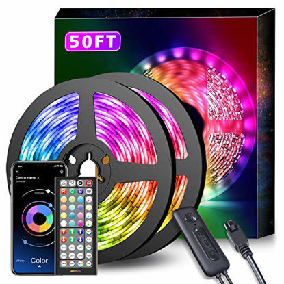 Picture of 50Ft LED Strip Lights Music Sync Color Changing RGB LED Strip 44-Key Remote, Sensitive Built-in Mic, App Controlled LED Lights Rope Lights, 5050 RGB LED Light Strip(APP+Remote+Mic+3 Button Switch)