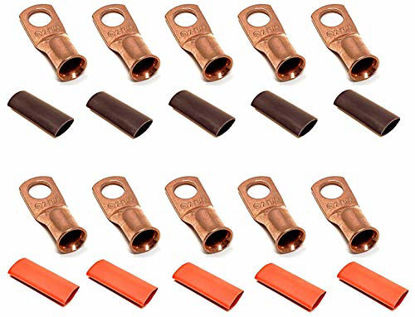 Picture of 10pcs 2 Gauge 2 AWG x 3/8 Pure Copper UL Listed Cable Lug Terminal Ring Connectors with Dual Wall Adhesive Lined Red + Black Heat Shrink Tubing - by WNI