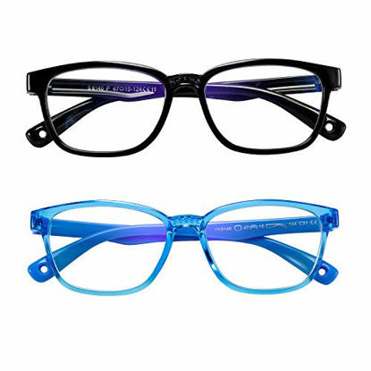 Picture of AHXLL Kids Blue Light Blocking Glasses 2 Pack, Anti Eyestrain & UV Protection, Computer Gaming TV Phone Glasses for Boys Girls Age 3-9 (Black+Transparent Blue)