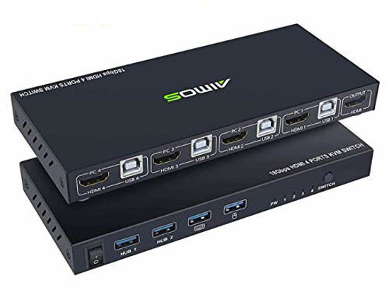 Picture of KVM Switch HDMI 4 Port Box, AIMOS HDMI 2.0 KVM Switcher Support Wireless Keyboard and Mouse Connections and with USB Hub Port, UHD 4K@60Hz & 3D & 1080P Supported