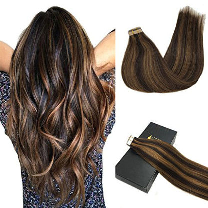 Picture of GOO GOO Remy Hair Extensions Tape in Human Hair Ombre Dark Brown Highlighted Chestnut Brown Ombre Hair Extensions Tape in Hair 20pcs 50g 24inch