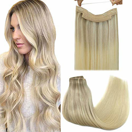 Picture of GOO GOO Hair Extensions Human Hair Ombre Ash Blonde to Golden Blonde Mixed Platinum Blonde 18 Inch 80g Remy Halo Hair Extensions Human Hair Wire Hair Extensions with Transparent Fish Line