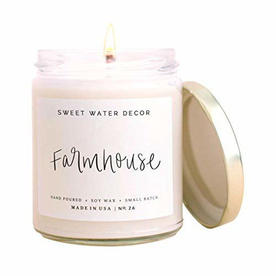 Picture of Sweet Water Decor Farmhouse Candle | Autumn, Cinnamon, and Nutmeg, Fall Scented Soy Wax Candle for Home | 9oz Clear Glass Jar, 40 Hour Burn Time, Made in the USA